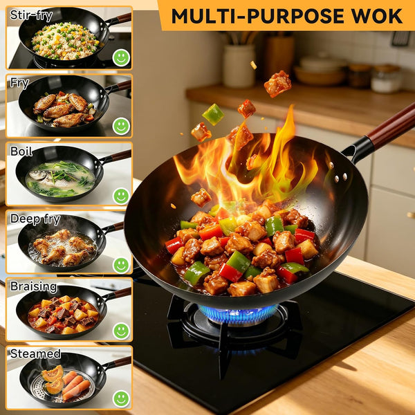 12” Carbon Steel Wok Pan with Lid, Woks & Stir-Fry Pans Nonstick, Pre-Seasoned Flat Bottom Wok for Induction Cooktop, Gas, Electric Stove, Halogen, BBQ & Camping, Open Fire3