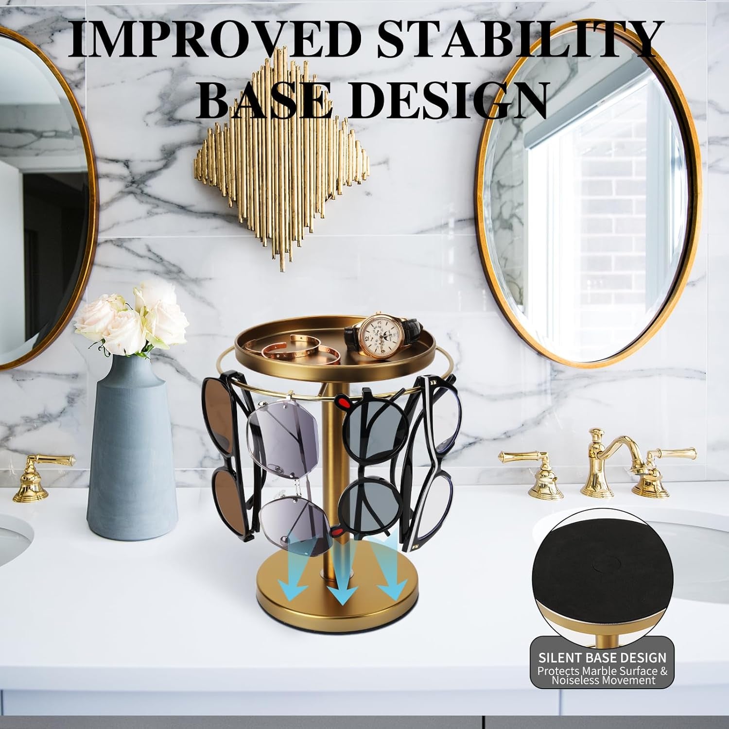 360-rotating-sunglass-organizer-storage-stainless-steel-glasses-holder-stand-glasses-organizer-with-tray-for-desk-dresser-tabletop-nightstand-and-home-decor-gold-stainless-steel-stand-with-360-rotation-holds-9-to-12-pairs-top-tray-stores-rings-and-keys-for-desk-dresser-nightstand