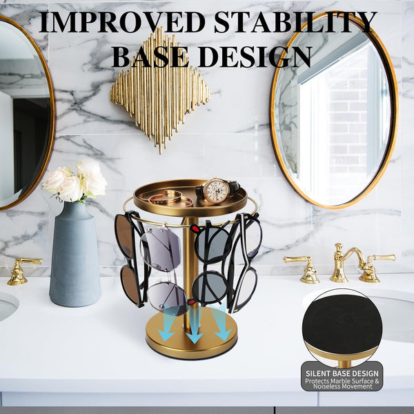 360° Rotating Sunglass Organizer Storage, Stainless Steel Glasses Holder Stand, Glasses Organizer with Tray for Desk, Dresser, Tabletop, Nightstand and Home Decor (Gold) | Stainless Steel Stand with 360 Rotation Holds 9 to 12 Pairs. Top Tray Stores Rings, and Keys for Desk, Dresser, Nightstand5
