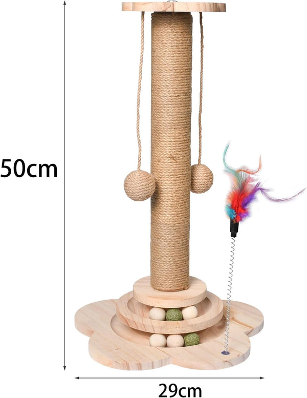 Cat Scratching Post, 50Cm Cat Scratcher Toy, Natural Woven Sisal and Wood Interactive Cat Toys with Lanyard Ball, Ball, Feather (Feather Color Is Random)2