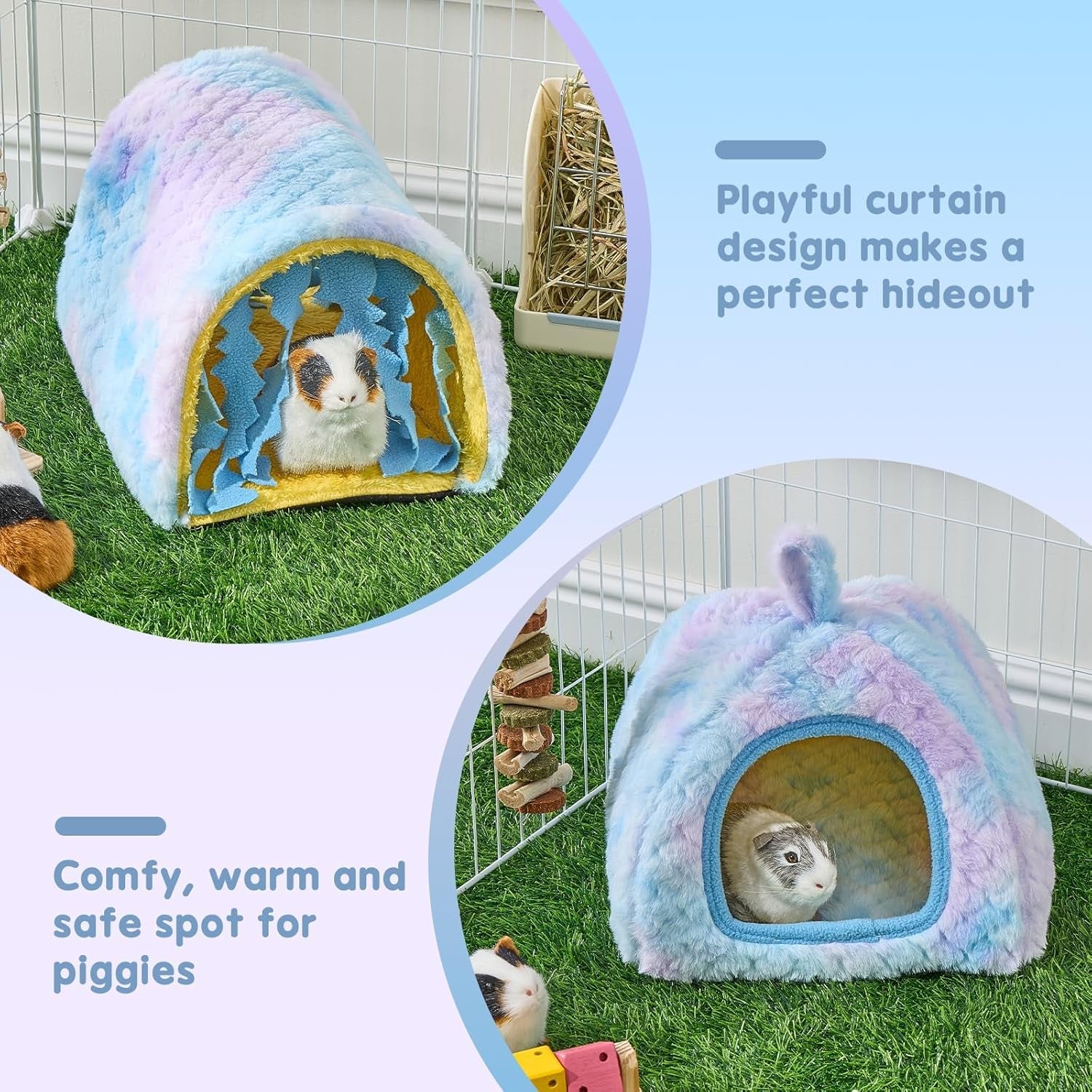 avont-2-pack-guinea-pig-tunnel-hideout-bed-set-washable-hideout-tunnel-set-breathable-fleece-dual-entrances-removable-pad-blue-or-yellow