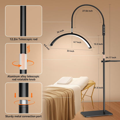 Half Moon Lash Light for Eyelash Tech, Esthetician, Tattoo, Black | Movable Tray, Shadow-Free, Cool/Warm Modes, Dimmable Brightness, Flexible Head, Floor Lash Lamp for Skincare, Nail Art, SPA9