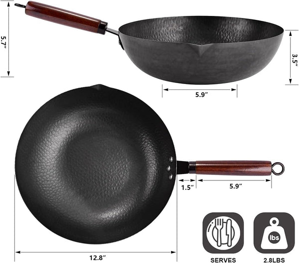 12.8" Carbon Steel Wok,11 Pcs Woks & Stir Fry Pans Wok Pan with Lid | Pre-Seasoned No Chemical Coated Chinese Pan with 10 Cookware Accessories, Flat Bottom Woks for Electric, Induction,Gas Stoves4
