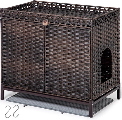 SETVSON Cat Litter Box Enclosure Furniture, Rattan PE Kitty House, Natural | Handwoven PE Rattan with 2 Soft Mats, Heightened Metal Feet, 2 S-Hooks, 30.3 X 18.3 X 28 in Spacious Interior Kitty Cabinet7