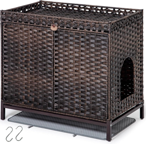 SETVSON Cat Litter Box Enclosure Furniture, Rattan PE Kitty House, Natural | Handwoven PE Rattan with 2 Soft Mats, Heightened Metal Feet, 2 S-Hooks, 30.3 X 18.3 X 28 in Spacious Interior Kitty Cabinet7