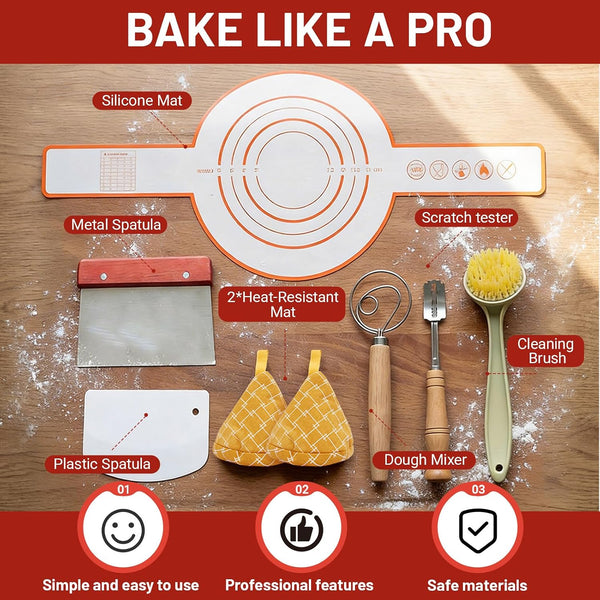 Cast Iron Bread Oven, Enameled Dutch Oven for Baking Sourdough Bread with Dome Lid & Complete Accessory Kit for Bread, 5QT (Red)5