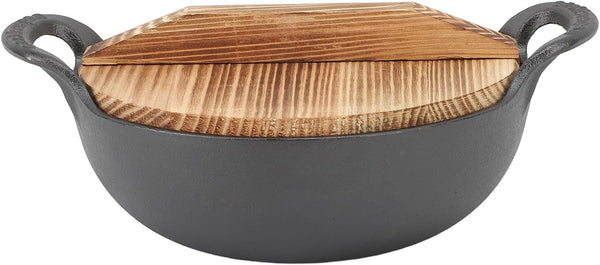 Cast Iron Wok Pan 14 Inch Pre Seasoned Stir Fry Skillet with Wooden Lid Flat Bottom Oven Safe for Authentic Asian Cooking on Stovetop for Home Cooks (25Cm)3