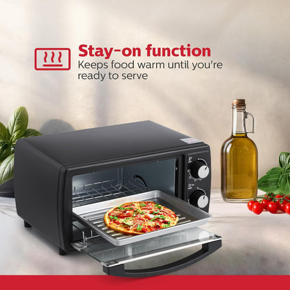 4 Slice Countertop Toaster Oven with 60 Minute Timer Includes Pan and Wire Rack, Perfect for Baking, Broiling, and Toasting Compact Design in Sleek Black for Convenient Kitchen Use4