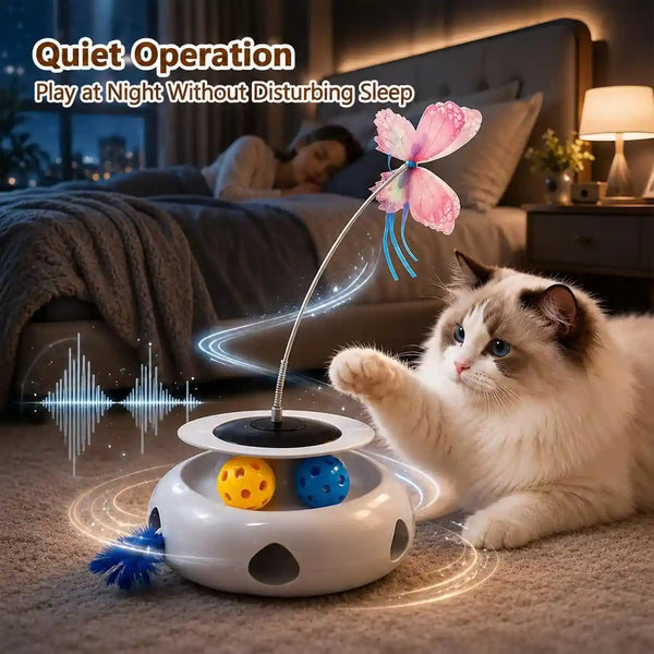 3-In-1 Interactive Cat Toy with Remote Control, Butterfly Wand & Automatic Retractable Feathers & Rolling Ball Track, Multi-Functional Cat Toy for Indoor Cats, Suitable for Bored Kitten, White7