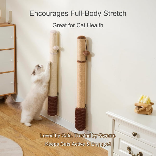 Wall Mounted Cat Scratcher, 34” Extra-Tall Vertical Sisal Scratching Post for Large Cats, Space-Saving Wall Cat Scratcher with Self Grooming Brush & Hanging Ball, Beige4