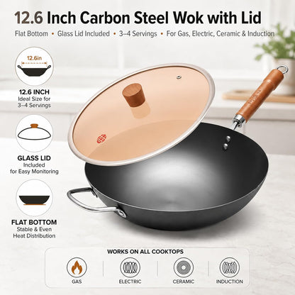 Carbon Steel Wok with Lid, 12.6 Inch Flat Bottom Wok Pan, Uncoated Stir Fry Pan with Wooden Handle, Chinese Wok for Gas, Electric, Induction & Ceramic Stoves | Uncoated Stir Fry Pan with Wooden Handle for Gas, Electric, Induction & Ceramic Stoves2