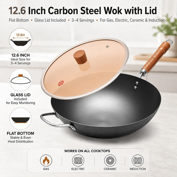 Carbon Steel Wok with Lid, 12.6 Inch Flat Bottom Wok Pan, Uncoated Stir Fry Pan with Wooden Handle, Chinese Wok for Gas, Electric, Induction & Ceramic Stoves | Uncoated Stir Fry Pan with Wooden Handle for Gas, Electric, Induction & Ceramic Stoves2