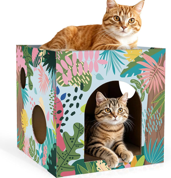 Cinrobiye Cardboard Cat House with Scratcher, Indoor Cat Condo Cat Cave Hideout with Scratch Pad, Cardboard Cat Playhouse Bed for Cats, Kittens, Rabbits & Small Pets (Mushroom)17