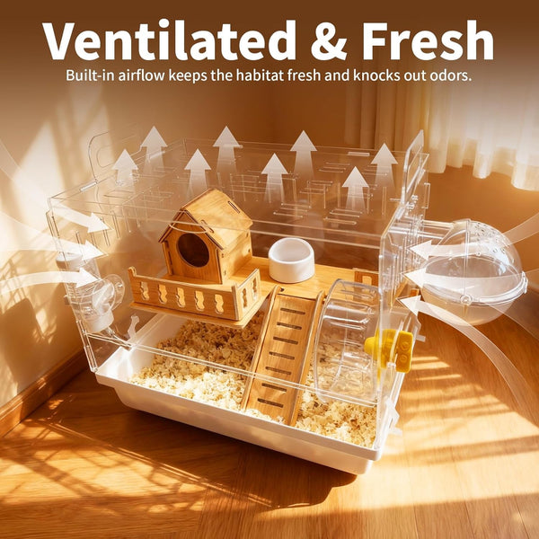 Acrylic Hamster Cage, 2-Tier Hamster Cage with Wooden Accessories for Dwarf Syrian Hamsters,14"X10"X*11" Clear Pet Mice Small Hamster Habitat Gerbils House6