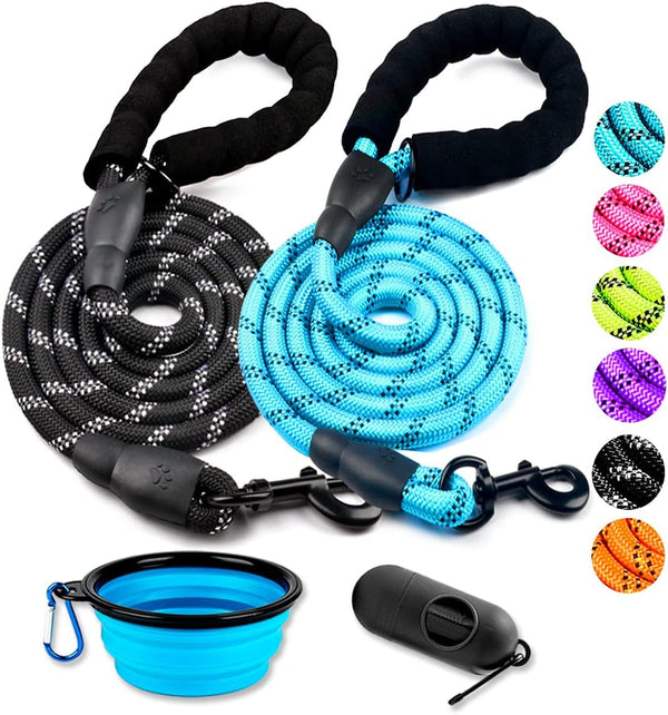 COOYOO 2 Pack Dog Leash 5 FT Heavy Duty - Comfortable Padded Handle - Reflective Dog Leash for Medium Large Dogs with Collapsible Pet Bowl1
