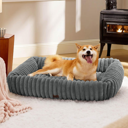 Bedsure Comfyfleece™ Cute Dog Bed for Small Medium Dogs Washable,25In Cream | Furry Puppy Beds,Square Rectangle Orthopedic Corduroy Aesthetic Pet Beds,Removable Zipper Cover,Non-Slip Bottom,Up to 15 Lbs32