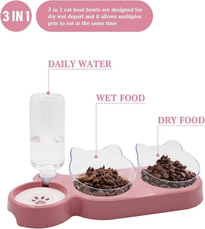 Triple Cat Bowls,15°Tilt 3-In-1 Water Feeder Bowls Cat Double Food Bowls with Automatic Water Bottle Bowl, Whisker Friendly Wet and Dry Cat Elevated Feeding Dishes for Small Cat and Puppy (Pink)2