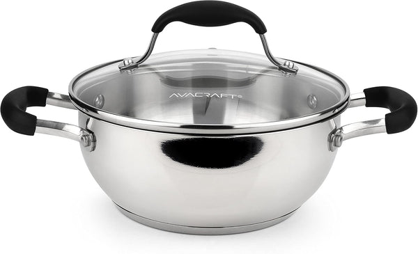 18/10 Stainless Steel Everyday Pan, Stir Fry Pan with Five-Ply Base, Chef’S Pan with Glass Lid, Multipurpose Stewpot Skillet, Saute Pan, Casserole in Pots and Pans (8 Inch)1