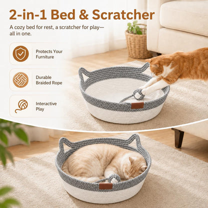 Large Scratchable Handwoven for Cats Stimulicat Handwoven Cat Basket, Cotton Rope Cat Bed round Pet Basket, Hand Woven Boho Cat Bed (Grey, without Cushion)6