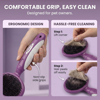Round Bristle Pet Brush for Dogs and Cats - Soft Dog Brush for Grooming Short or Long Hair - Gentle Tool for Sensitive Skin Removes Dander, Dirt, and Detangles (Purple)5