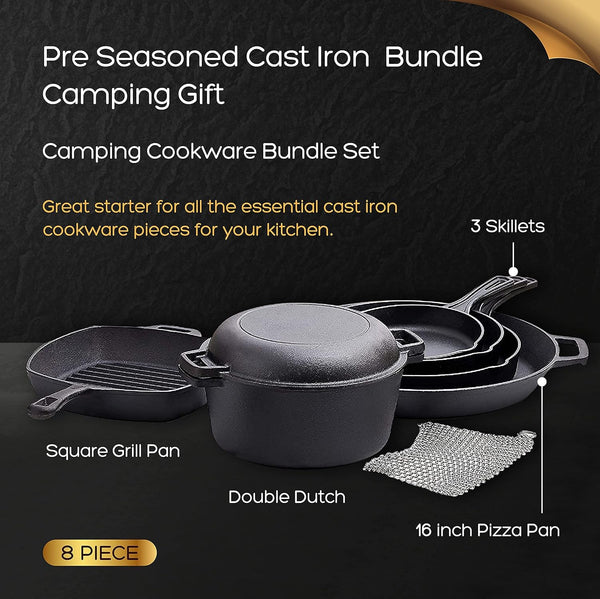 8 Piece Cast Iron Cookware Set - Pre-Seasoned Pots and Pans Set with Cast Iron Skillets, Grill Pan, Dutch Oven, Pizza Pan, and Scrubber - Heavy Duty Cooking for Home Kitchen or Camping5