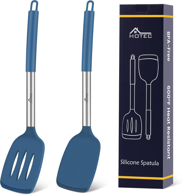 Silicone Spatula Set of 2 Heat-Resistant 600°F & Bpa-Free Kitchen Saptulaturner with Stainless Steel Handles, Slotted & Solid Spatulas for Nonstick Cookware, 13.7 Inch, Classic Blue1