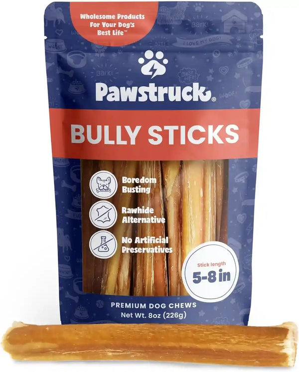 Pawstruck Natural 5-8" Bully Sticks for Dogs - Best Long-Lasting, Rawhide-Free, Low Odor Dental Chew Treat - Healthy Single Ingredient, 100% Real Beef - 8 Oz Bag - Packaging May Vary1
