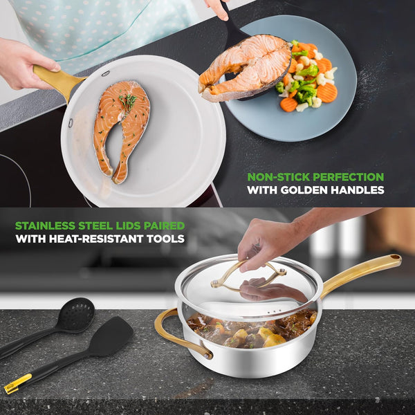 16-Piece Stainless Steel Kitchenware - Pots & Pans Set Clad Kitchen Cookware with Nylon Utensils, Fry Pan Interior Coated with Prestige Ceramic Non-Stick Coating, Stylish Kitchen Cookware4