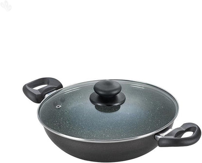 Prestige Omega Deluxe Granite 100% PFOA Free Non Stick Kadahi Deep Stir Fry Pan/Wok with Glass Lid Metal Spoon Friendly, Dishwasher Safe for Gas and Induction Cook Tops, 10.5 Inch (Large)1