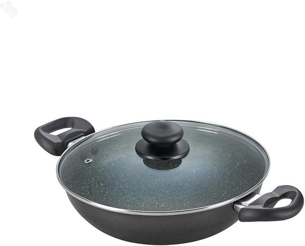 Prestige Omega Deluxe Granite 100% PFOA Free Non Stick Kadahi Deep Stir Fry Pan/Wok with Glass Lid Metal Spoon Friendly, Dishwasher Safe for Gas and Induction Cook Tops, 10.5 Inch (Large)1