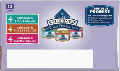 Blue Buffalo Wilderness Wild Delights High Protein Grain Free, Natural Adult Meaty Morsels Wet Cat Food, Chicken & Turkey, Chicken & Trout, Chicken & Salmon 3-Oz Cans (12 Count - 4 of Each Flavor)4
