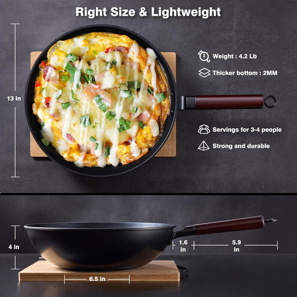 2 PCS Carbon Steel Wok -13 Inch Woks & Stir-Fry Pans Nonstick, Wok Pan with Glass Lid Spatula and Dish Brush: Pre-Seasoned Flat Bottom Chinese Wok for Induction, Electric, Gas, All Stoves6
