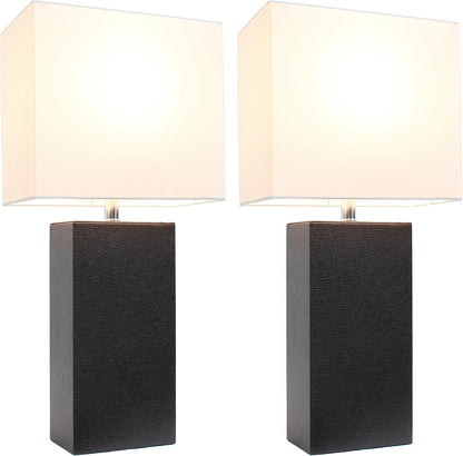 LC2000-BWN-2PK Modern Leather Table Lamps with White Fabric Shades, Espresso Brown2