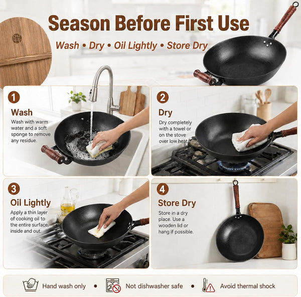 12.6 Inch Cast Iron Wok with Wooden Lid, Handcrafted Flat Bottom Chinese Stir Fry Pan, Uncoated Heavy-Duty Iron Wok for Induction, Gas, Electric & Ceramic Stoves | Uncoated Cast Iron Wok with Wood Lid for Induction, Gas and Electric Stoves; Season before Use.7