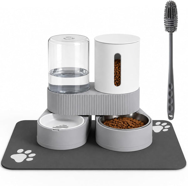 Gravity Cat Feeder 2 Pack Automatic Food Feeder and Water Dispenser Set Detachable Pet Bowl with Silicone Mat for Cats Small Medium Dogs, Large Capacity(Grey)11