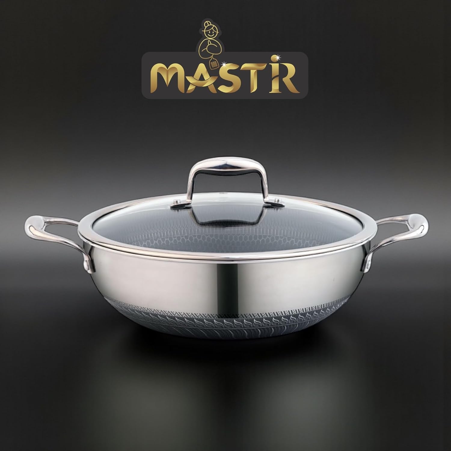 stainless-steel-wok-32-cm-6-5-l-with-glass-lid-kadai-with-two-ear-handles-hybrid-honeycomb-nonstick-pfoa-free-eu-approved-stay-cool-handles-induction-oven-dishwasher-safe-cookware