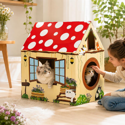 Cinrobiye Cardboard Cat House with Scratcher, Indoor Cat Condo Cat Cave Hideout with Scratch Pad, Cardboard Cat Playhouse Bed for Cats, Kittens, Rabbits & Small Pets (Mushroom)7