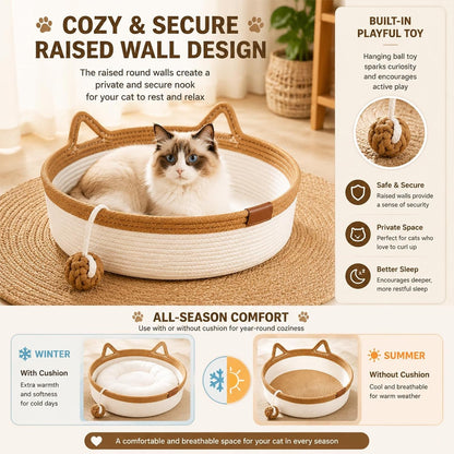 Handwoven Cat Basket Bed, Cotton Rope round Cat Scratcher Bed with Cats Ear Handles, Breathable Boho Nesting Pet Bed for Kittens and Indoor Cats (Color D,Small)4