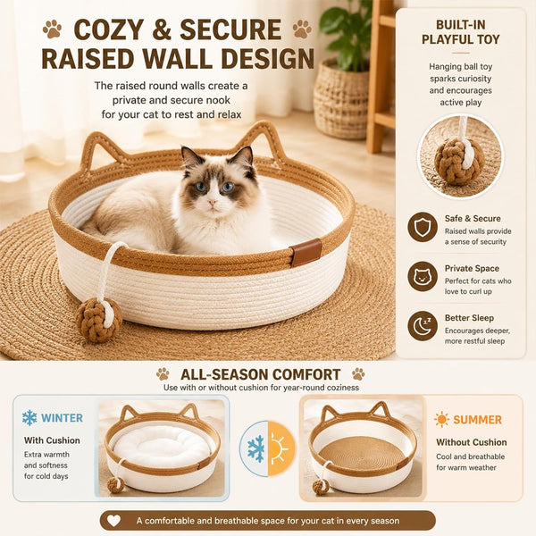 Handwoven Cat Basket Bed, Cotton Rope round Cat Scratcher Bed with Cats Ear Handles, Breathable Boho Nesting Pet Bed for Kittens and Indoor Cats (Color D,Small)4