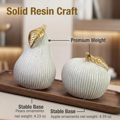 Apple and Pear Decor Set, Modern Fruit Sculpture Home Decor, White and Gold Decorative Ornaments for Living Room Bedroom Desk Shelf Coffee Table, Aesthetic Room Decor Unique Gift4