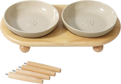 Havniva Elevated Cat Bowls, Cat Food and Water Bowl Set, Ceramic Cat Bowl | Raised Cat Food Bowls, Whisker Friendly, 5.6” Shallow Cat Dishes + 6” Wide Cat Plates, Non-Slip Wood Stand, Two Heights7