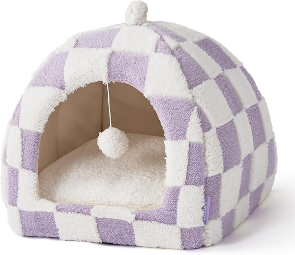 Lesure 2In1 Cute Cat House for Kitten with Washable Cushioned Pillow,16In | Cat Beds for Indoor Cats,Small Pet Cave Tent,Cozy Enclosed Foldable Hideaway,Fluffy Ball,Anti Slip Bottom,Hand Strap,Purple7