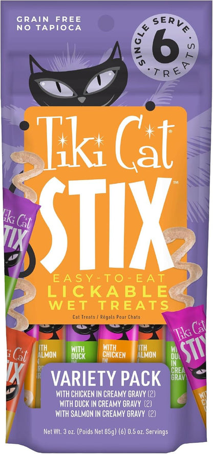 Tiki Cat Stix Mousse Treats, Single Serve Indulgent Lickable Treat or Dry Food Topper, Variety Pack with Salmon, Chicken, and Tuna, 3 Oz. Pouch1