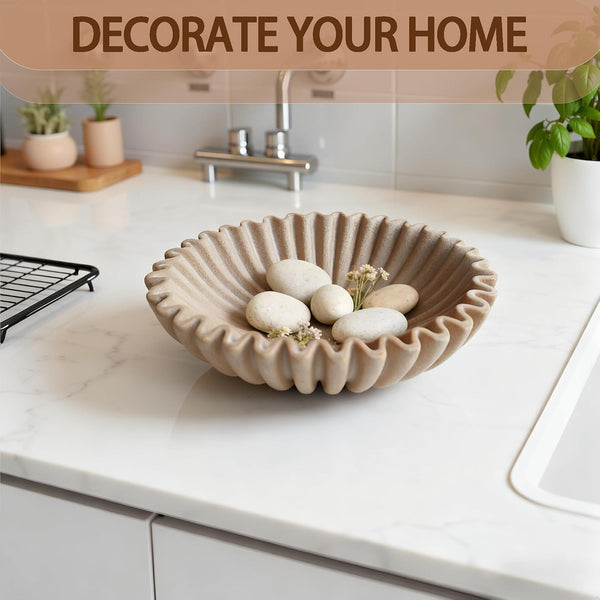 10" Large Decorative Bowl Decor, Scalloped Bowls for Modern Home Decor,Ruffle Decor,Stylish Key Bowl for Entry Table,Decorative Fruit Bowl for Kitchen Counter,Artificial Stone Beige3
