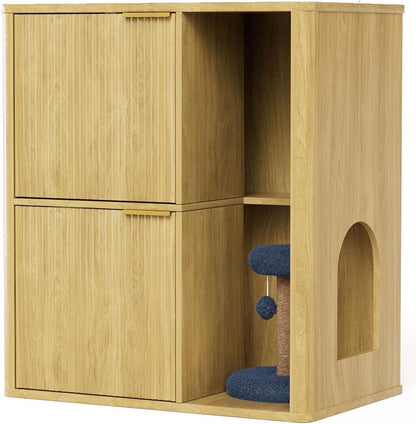Cat Litter Box Enclosure Furniture, 2 Storey Hidden Litter Box Cabinet with Scratching Post & Storage Shelf, Fluted Modern Litter Box Enclosure for Living Room, Bedroom,Natural1