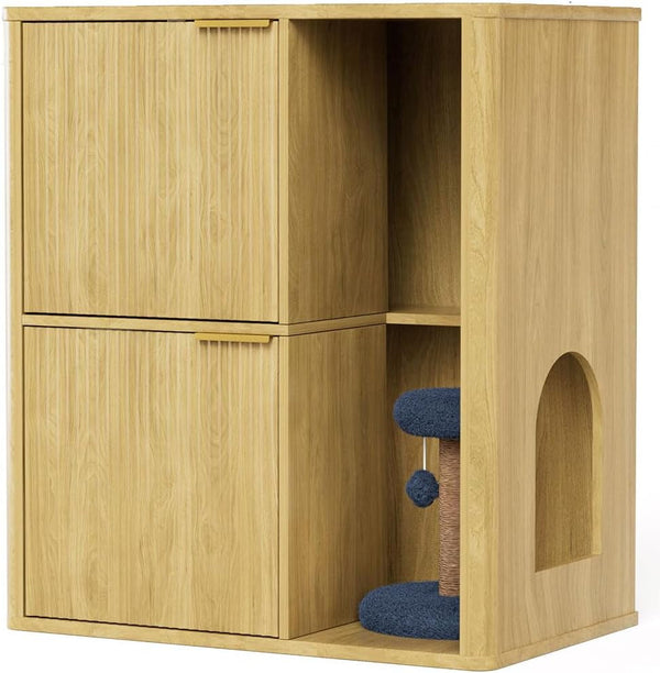 Cat Litter Box Enclosure Furniture, 2 Storey Hidden Litter Box Cabinet with Scratching Post & Storage Shelf, Fluted Modern Litter Box Enclosure for Living Room, Bedroom,Natural1