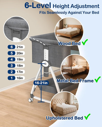Bedside Dog Bed,6-Height Adjustable Pet Bassinet for Medium & Large Dogs | Pet Couch with Sides,Elevated Bed Extension for Humans,Removable & Washable Cover,Dog Couch with Wheels, 30"X21"7