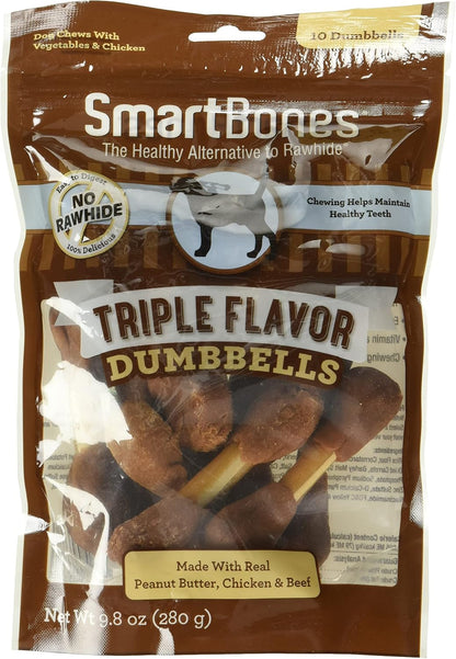 Smartbones Triple Flavor Dumbbells Rawhide-Free Dog Treats, 10 Count | with Real Peanut Butter, Chicken & Beef, Easy to Digest Chew with Vitamins & Minerals, Supports Dental Health, for Adult Dogs1