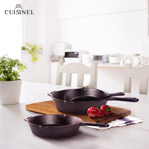 Cast Iron Skillet Set - 8" + 10" + 12"-Inch Pre-Seasoned Frying Pans + Silicone Handle Grip Covers - Indoor/Outdoor, Oven, Grill, Stove, BBQ, Fire, Induction Safe Kitchen and Camping Cookware6