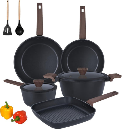 9-Piece Nonstick Pots and Pans Set with Grill Pan, Induction | Black Cookware Set, Non-Toxic, Stay-Cool Handles, PFOS & PFOA Free, Compatible with Gas & Electric Stovetop, Easy Clean1